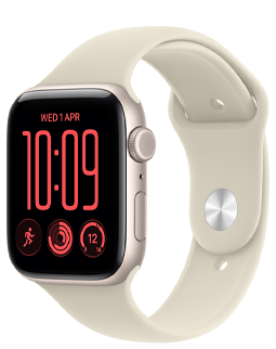 Apple Watch SE 3, hliníkový kryt vo farbe polnočná, ciferník Flux, pohľad zvonku na pravú stranu, korunka Digital Crown, mikrofón, bočné tlačidlo, športový remienok vo farbe polnočná