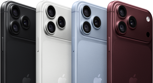 iPhony 18 Pro v rade, pohľad zozadu, všetky štyri farby: čierna, ľadovcová, strieborná, burgundská, sústava profesionálnych kamier Fusion v ľavom hornom rohu, tri objektívy, mikrofón, blesk