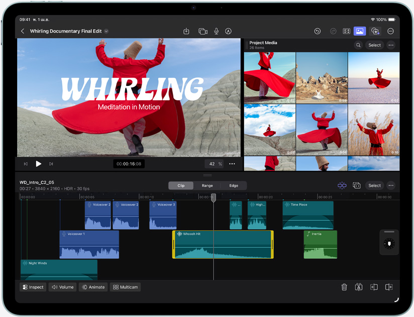 iPad Air, front exterior, showcasing video editing in Final Cut Pro