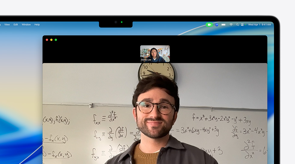 Video call on MacBook Air of a person talking to another person on the call, Center Stage keeps them centered in the frame, even as they move around