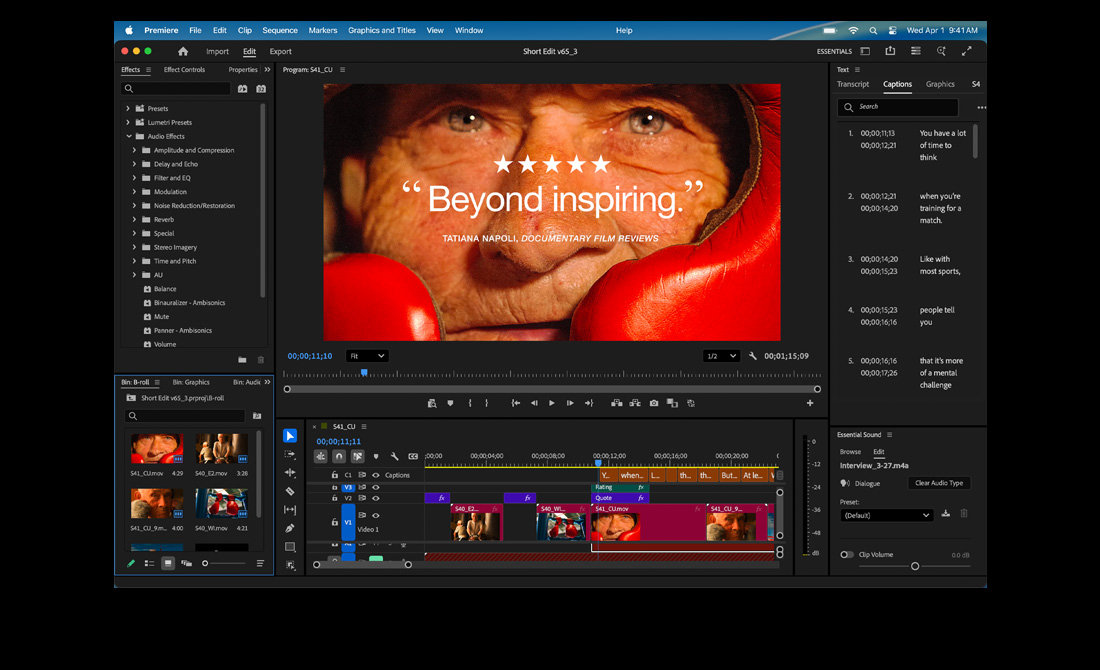 หน้าจอ MacBook Pro แสดงการตัดต่อภาพยนตร์เรื่อง Eternal Play ใน Adobe Premiere