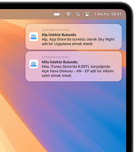 Mac ekranının sağ üst köşesinde, her biri satın alma isteklerini gösteren iki macOS bildirimi, ilki App Store’dan Night Sky, ikincisi de iTunes Store’dan MUNA albümü için