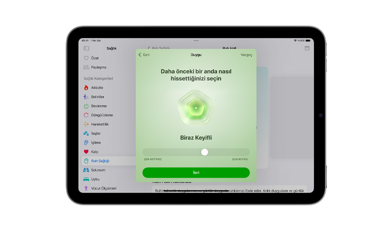 Önden görünen iPad mini’nin Kullanıcı Arayüzünde Sağlık uygulamasının Ruh Hâli özelliği için ayar çubuğu görülüyor