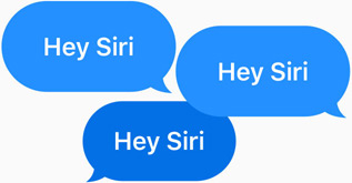 İçlerinde “Hey Siri” yazan üç mavi konuşma balonu.