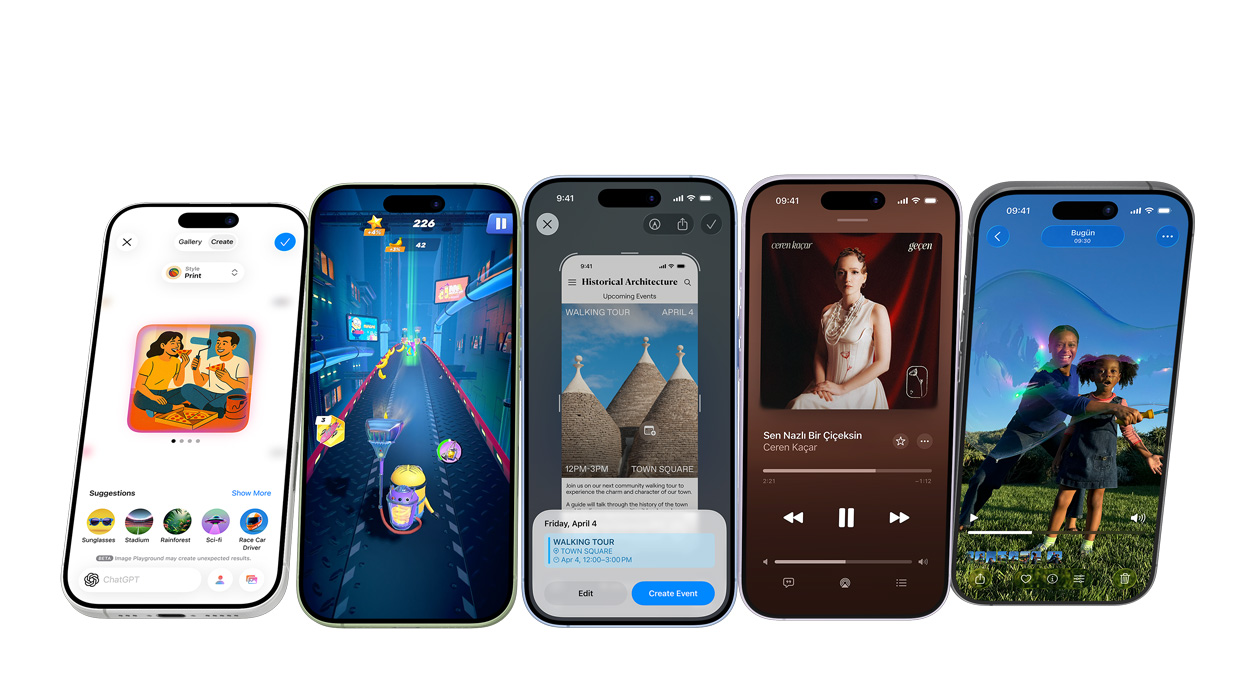Farklı renklerde iPhone 17 aygıtları, ekranlarında çeşitli uygulamalar görünüyor