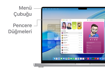 macOS’te gezinme turu, MacBook aygıtı ekranının üst kısmındaki Menü Çubuğu ve Dock gibi.