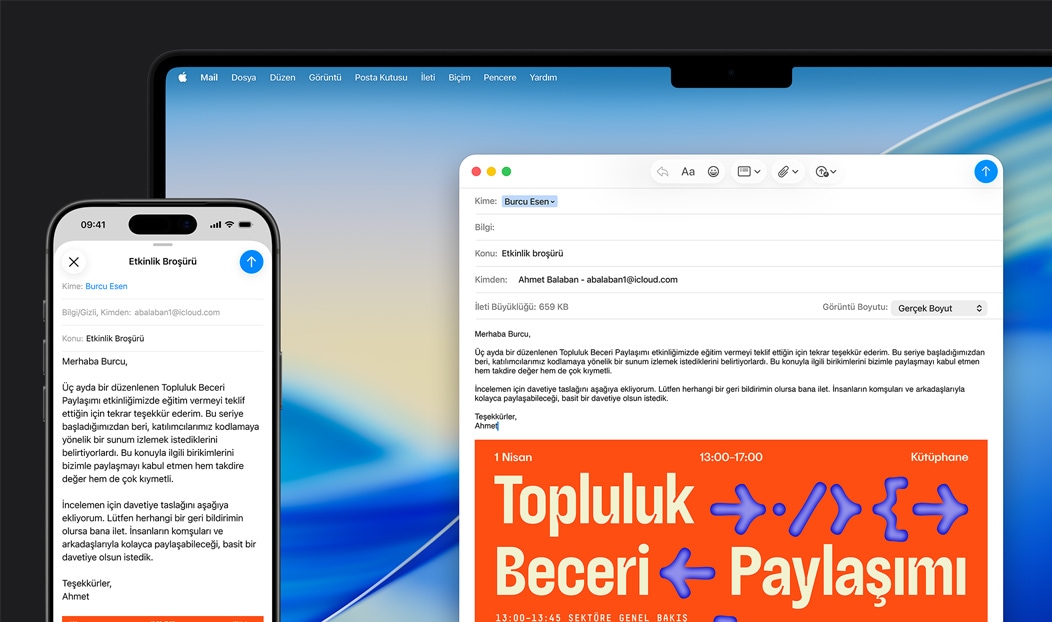 iPhone 16 Plus ve MacBook Pro, Mail uygulaması açık, her iki ekranda da aynı mail taslağı gösteriliyor