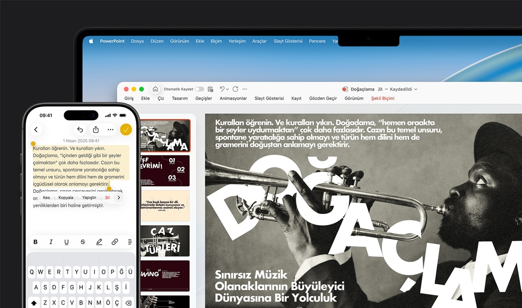 iPhone 16 Plus’ta Notlar uygulaması açık ve bir metin seçili, MacBook Pro’da Microsoft PowerPoint slaytı açık, slaytta Notlar uygulamasındaki metin görülüyor