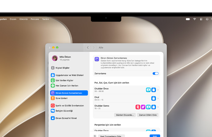 MacBook Pro ekranında, çocuklara zaman ve medya kategorileri ayarlamak için Ayarlar’daki Time Allowance ve Screen Time Schedule seçenekleri gösteriliyor