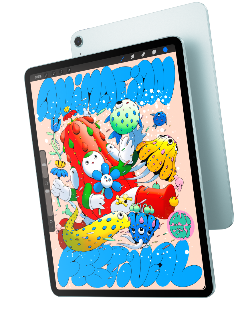 13 吋 iPad Air 的機身正面外觀，螢幕顯示 Procreate app，背後重疊擺放的另一部藍色 iPad Air 則露出機身背面外觀