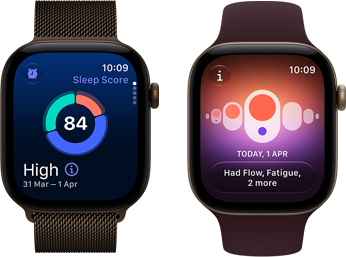 Два пристрої Apple Watch Series 12: алюмінієвий корпус темно-бронзового кольору, кругова діаграма оцінки сну, коронка Digital Crown, міланський сітчастий браслет темно-бронзового кольору, алюмінієвий корпус світло-золотистого кольору, додаток «Відстеження циклу», спортивний ремінець бордового кольору 