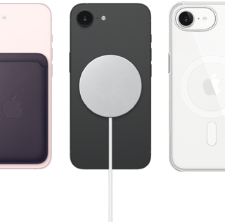 iPhone 17e, вид ззаду, світло-рожевого кольору, гаманець MagSafe із тканини FineWoven, iPhone 17e, вид ззаду, чорного кольору, зарядний пристрій MagSafe, iPhone 17e, вид ззаду, білого кольору, прозорий чохол MagSafe
