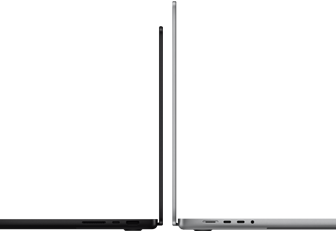 MacBook Pro 14 дюймів і 16 дюймів розташовані спинка до спинки, щоб показати різницю в розмірах і підкреслити тонкий профіль