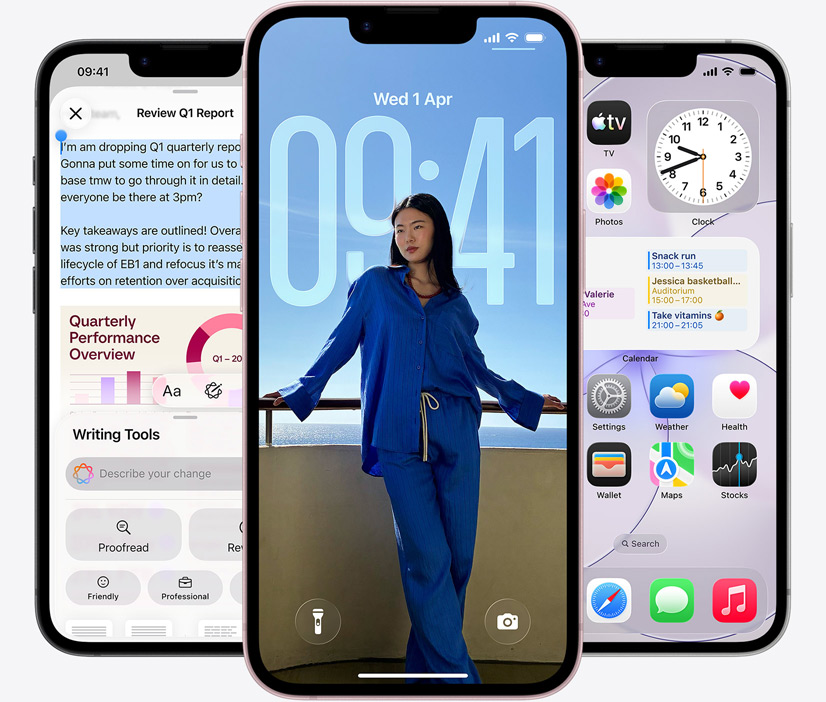 Three iPhone 17e devices, front exterior, screenshot featuring Writing Tools in use, Lock Screen showing a photo of a person, and Messages app sending messages via satellite