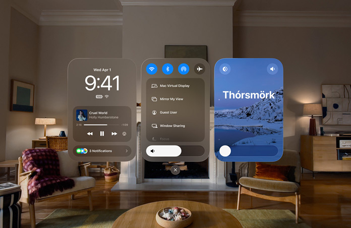 Apple Vision Pro view with three windows open, left to right, Date and Time with media player control, Connectivity controls and display settings