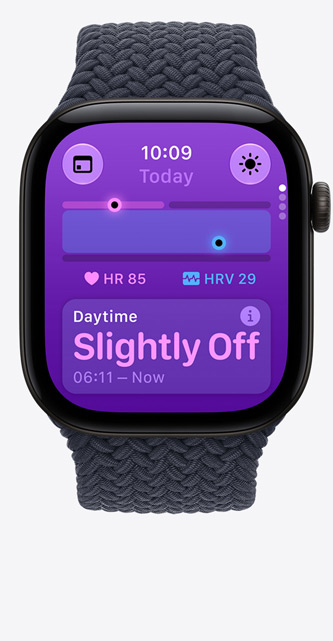 Apple Watch Series 12, aluminium case, black colour, Vitals app, chart scoring health, current heart rate beats per minute, daytime reading indicates vitals slightly off, Braided Solo Loop strap, navy blue colour