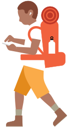 Person with hiking backpack wearing hearing aid and looking down at an iPhone in their hand