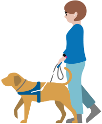 Person with low vision wearing AirPods and walking with service dog