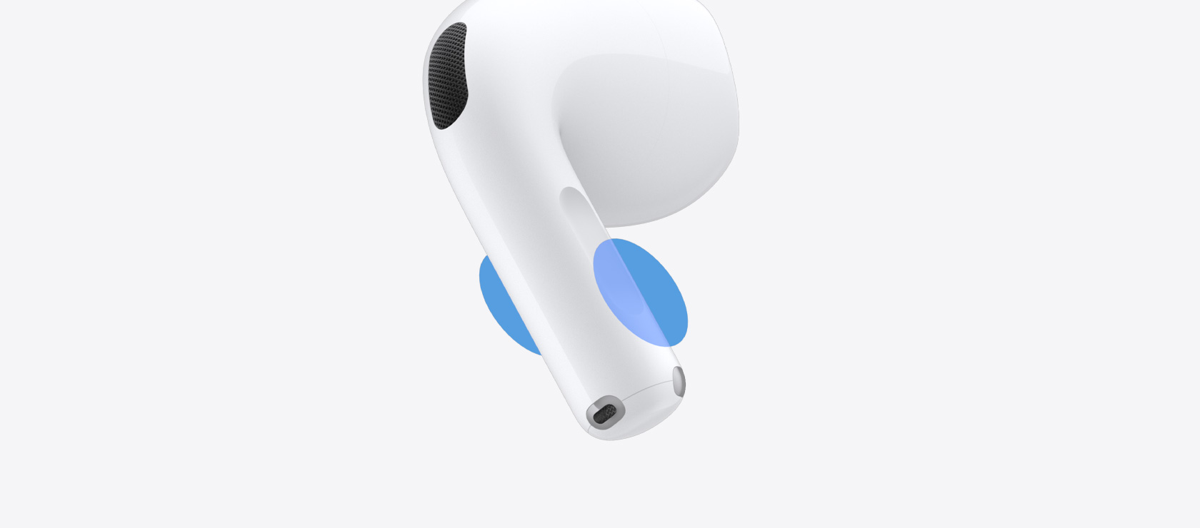 سماعات AirPods 5، دوائر زرقاء فوق الجذع حيث يجب التمرير للتحكم في مستوى الصوت