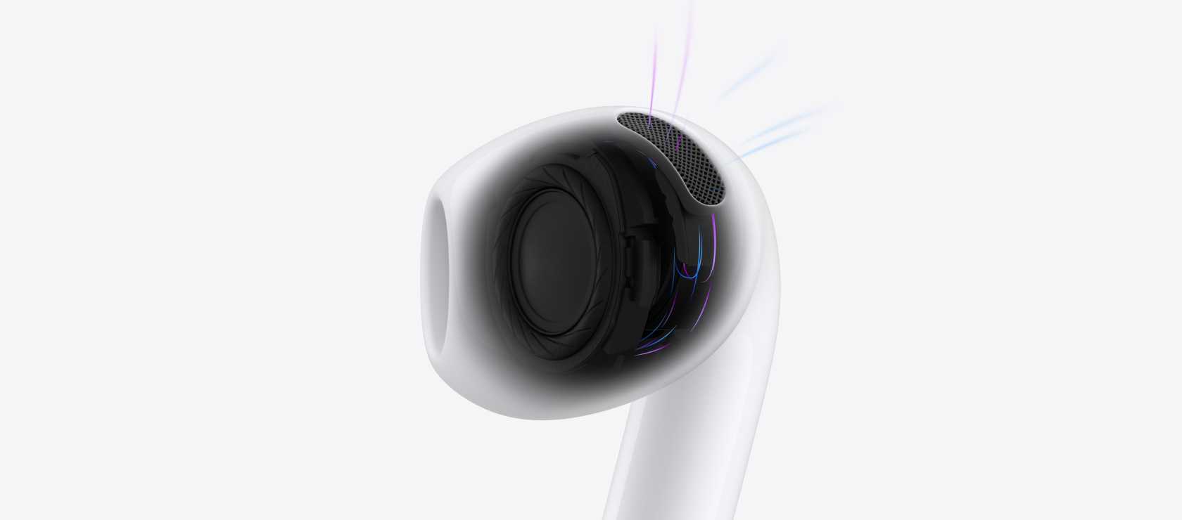 البنية الداخلية لسماعة AirPods 5، مع خطوط باللون الأزرق تشير إلى مرور الهواء والصوت عبر السماعة