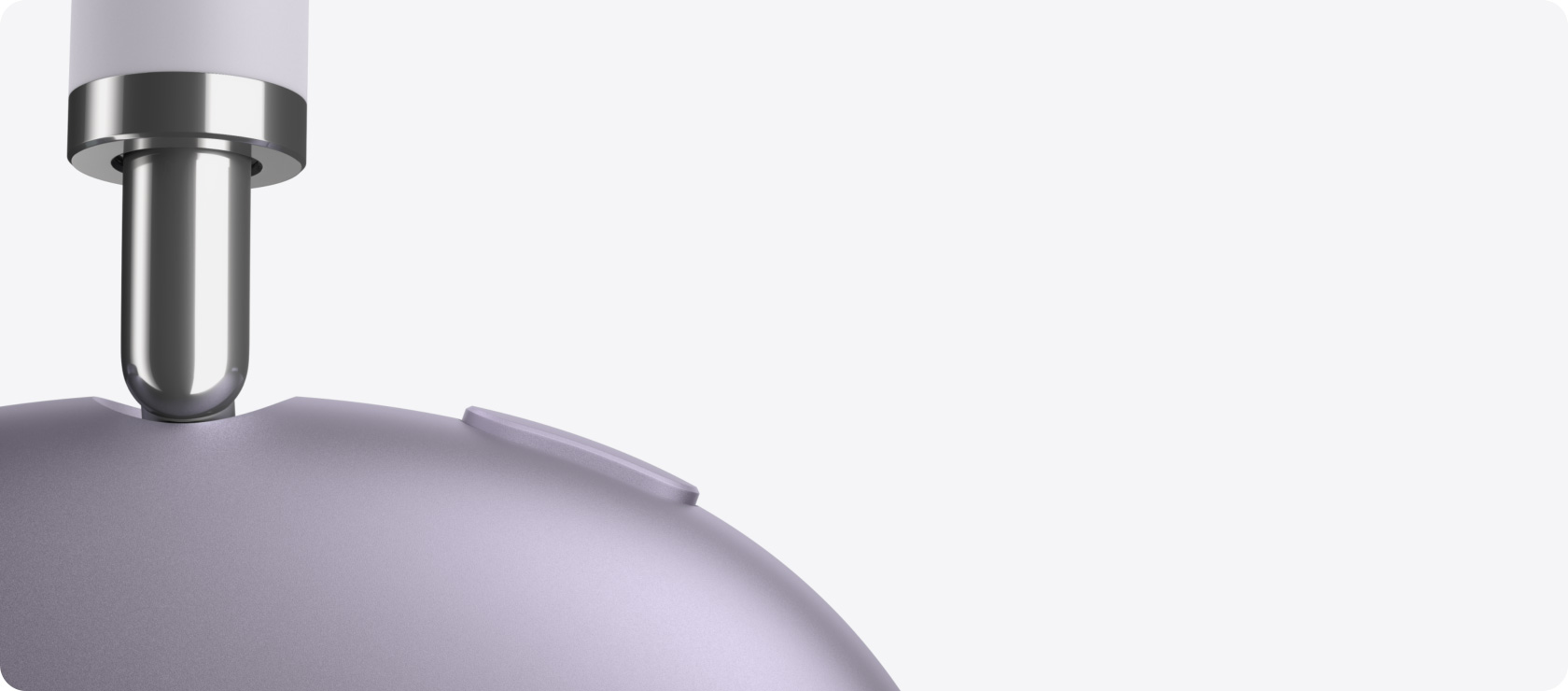 Ακουστικά AirPods Max 2, πλαϊνή εξωτερική όψη, λεπτομέρεια τηλεσκοπικού βραχίονα, μαξιλαράκι αυτιού, κουμπί ελέγχου θορύβου