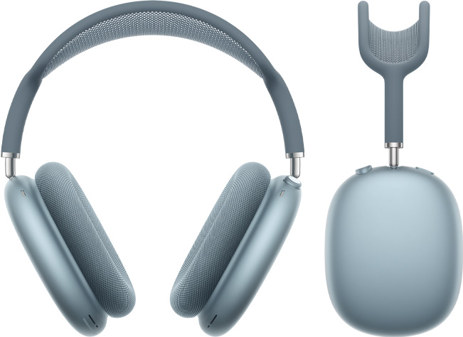 „AirPods Max 2“ ausinės, vaizdas iš priekio ir iš šono, mėlynos spalvos