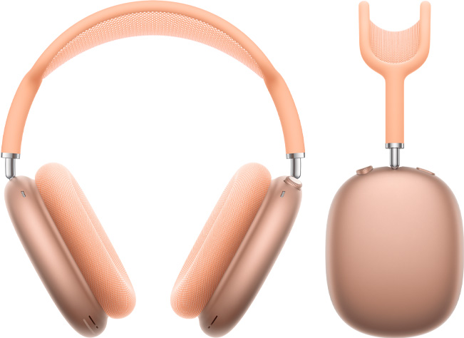 „AirPods Max 2“ ausinės, vaizdas iš priekio ir iš šono, oranžinės spalvos