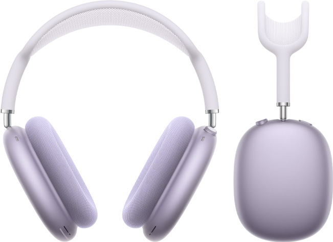 „AirPods Max 2“ ausinės, vaizdas iš priekio ir iš šono, violetinės spalvos