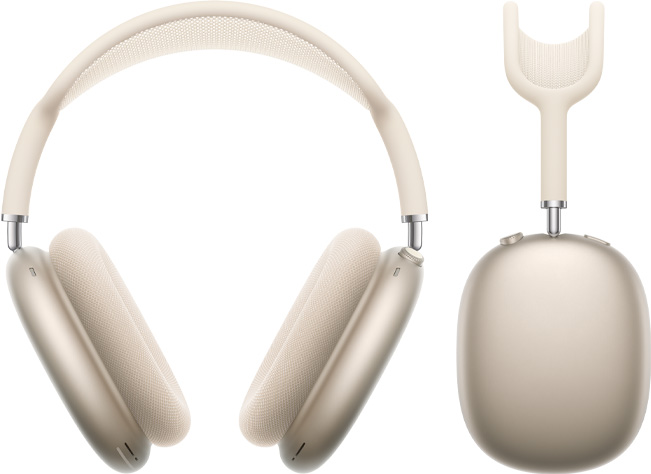 „AirPods Max 2“ ausinės, vaizdas iš priekio ir iš šono, žvaigždžių šviesos spalvos