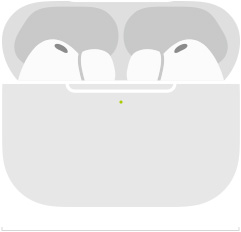 Szkic AirPods Pro 3 w otwartym etui ładującym MagSafe (USB‑C) o zaokrąglonych krawędziach, wskaźnik LED informujący o stanie baterii, szerokość w calach i milimetrach