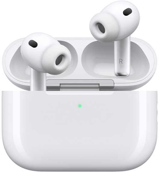 AirPods Pro 3 and MagSafe Charging Case (USB-C), rounded case exterior, LED power indicator, case lid open, white color, wireless headphones with silicone tips, stem interior features letter L and letter R