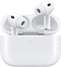 AirPods Pro 3 a nabíjacie puzdro MagSafe (USB‑C), zaoblená vonkajšia strana puzdra, LED indikátor napájania, puzdro má otvorený kryt, biela farba, bezdrôtové slúchadlá so silikónovými štupľami, na vnútornej strane stopiek sú písmená L a R