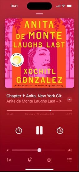 iPhone screen showing an audiobook. Below the cover art is playback controls, including a play button, volume slider, and jump ahead and jump back buttons