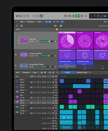 MacBook Pro 16 screen showing Logic Pro mixing board with purple and pink squares representing different audio layers and sounds, and beat making tools with different color blocks representing different percussion instruments at the bottom.