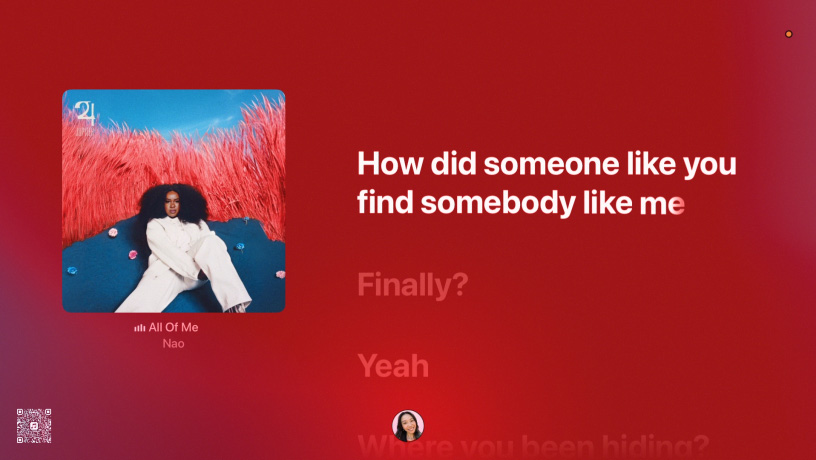 Lyrics from the song “All of Me” by Nao illuminate in sync with the song on a TV screen