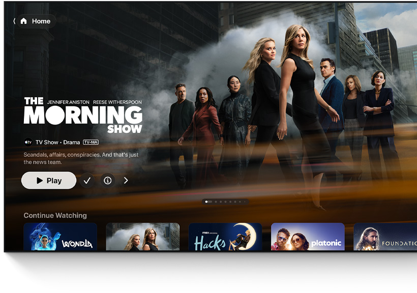 A flatscreen television showing the Apple TV app's homescreen UI