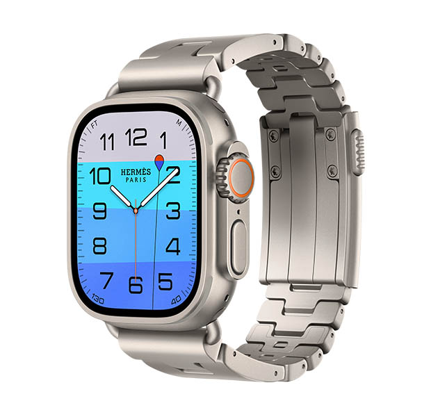 Apple Watch Hermès Ultra 4, carátulas analógicas Fathom y Wonder (agujas de hora, minuto y segundo, complicación Profundidad, con un buzo que nada hacia abajo a través de un mar con degradado de azul claro a oscuro), caja de titanio, natural, parte lateral derecha, Digital Crown, botón lateral en relieve, con la correa Grand H Titane, color Gris Titane
