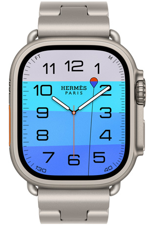 Apple Watch Hermès Ultra 4, carátulas analógicas Fathom y Wonder (agujas de hora, minuto y segundo, complicación Profundidad, con una boya naranja flotando sobre un océano turquesa con degradado de azul claro a oscuro), caja de titanio, natural, parte lateral derecha, Digital Crown, botón lateral en relieve, con la correa Grand H Titane, color Gris Titane