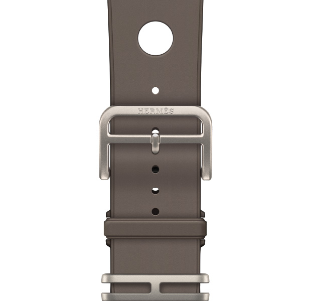 Correa Scub'H Diving para el Apple Watch Hermès Ultra 4, color Gris Titane (gris), detalle del cierre, fabricada con goma moldeada suave, aberturas circulares en el centro