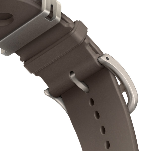 Correa Scub'H Diving para el Apple Watch Hermès Ultra 4, color Gris Titane (gris), detalle de la parte posterior del cierre, fabricada con goma moldeada suave, aberturas circulares en el centro