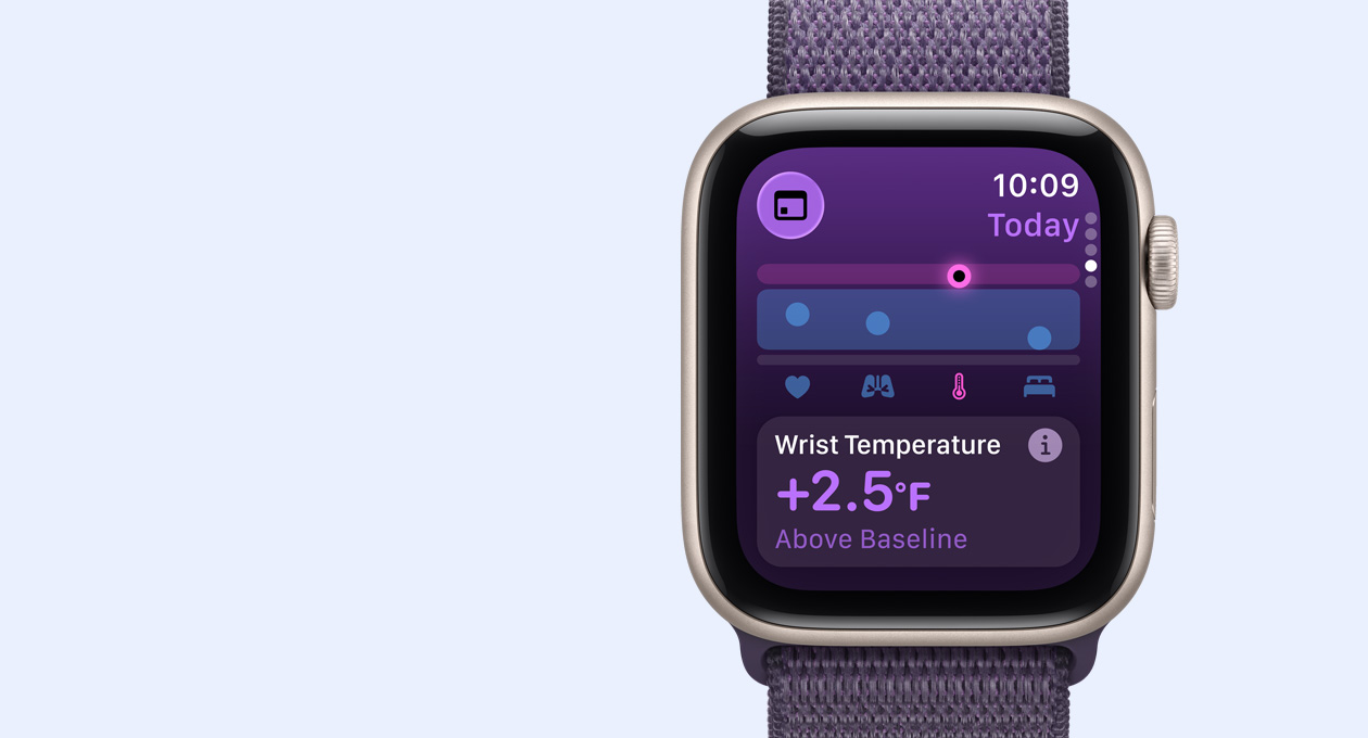 Apple Watch SE 3, aluminium case, midnight colour, wrist temperature metrics, right side exterior, Digital Crown, strap, Sport Loop, anchor blue colour