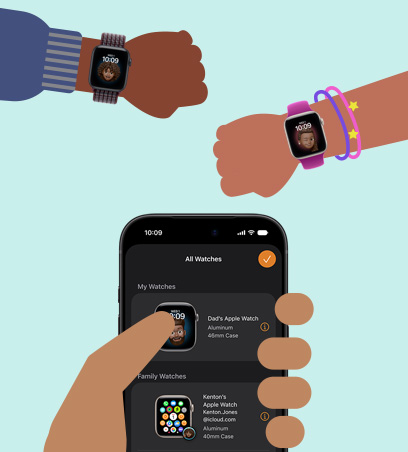 Apple Watch för dina barn, tecknad illustration av barns handleder med Apple Watch SE 3 parkopplade med en iPhone i handen på en förälder
