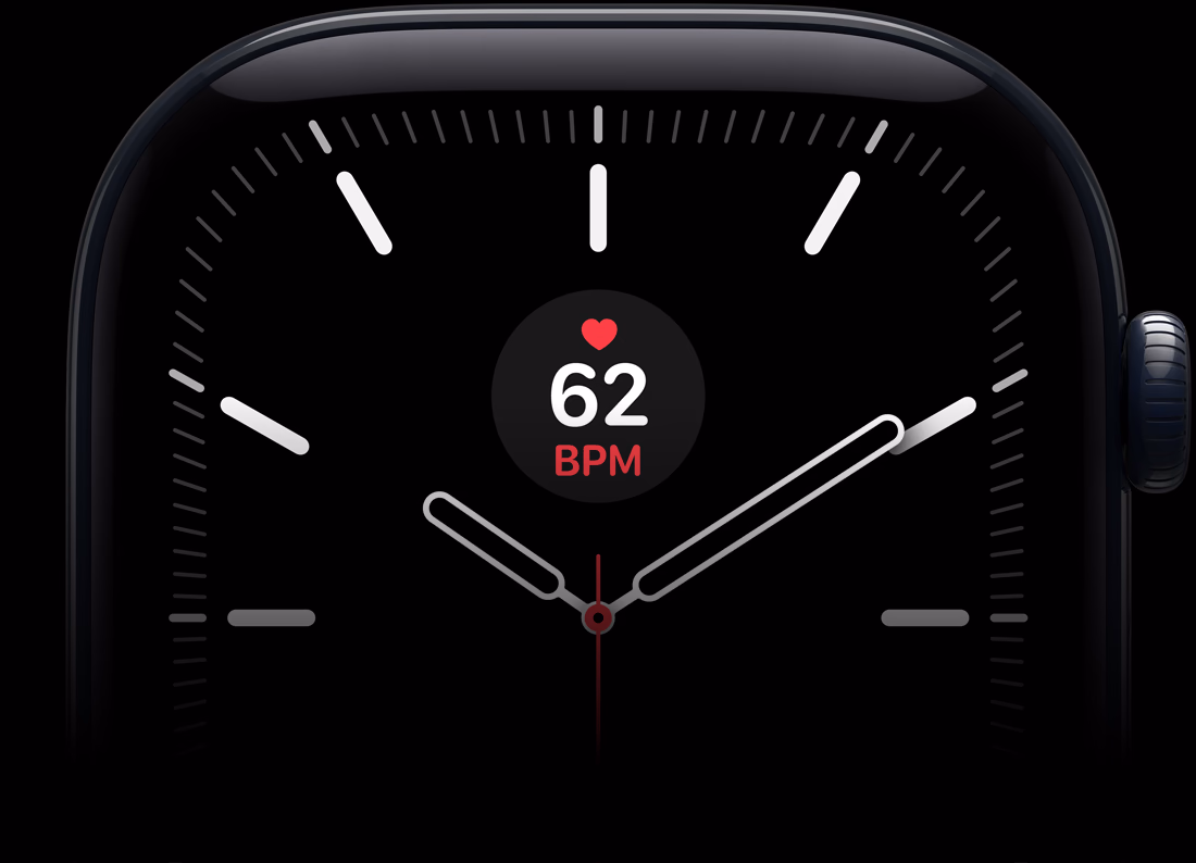 Apple Watch Series 12, aluminum case, black colour, Meridian watch face with heart rate complication, right side exterior, Digital Crown