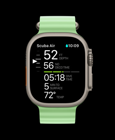 Apple Watch Ultra 3, natural colour, titanium case, Oceanic+ dive metrics: depth, deco time, dive time, minutes to surface, water temperature, Ocean Band, neon green colour