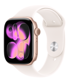 Apple Watch Series 11, rose gold colour, aluminium case, Responsive Art watch face, right side exterior, Digital Crown, microphone, side button, Sport Band, light blush colour