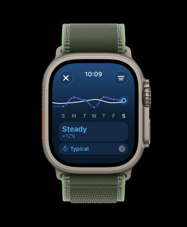 Apple Watch Ultra 3, natural colour, titanium case, training load line graph and calendar, strap, Trail Loop, green/neon colour