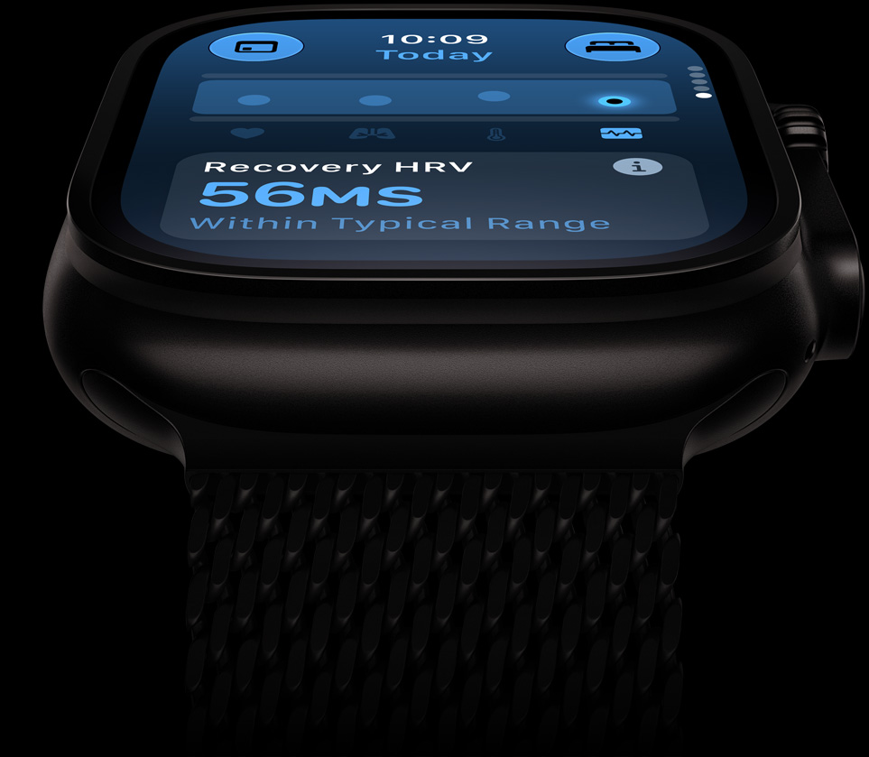 Apple Watch Ultra 4, titanium case, black color, HRV within typical range, titanium Milanese Loop band, black color