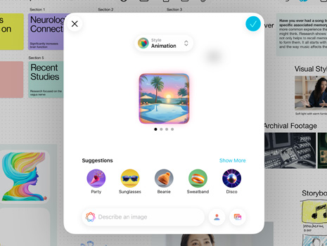 UI of the Image Playground experience shows a pool with palm trees during a colorful sunset with suggestions for more elements to add to the image.