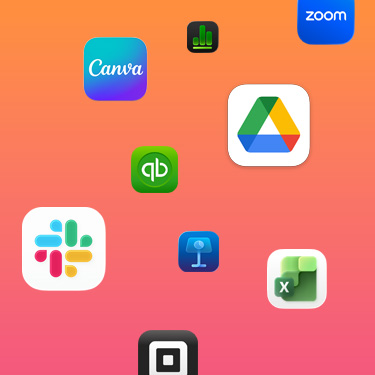 Icons of productivity apps including Slack, Canva, Google Workspace, Zoom, Quickbooks, Keynote, Excel, Square, and Numbers against a colorful background.