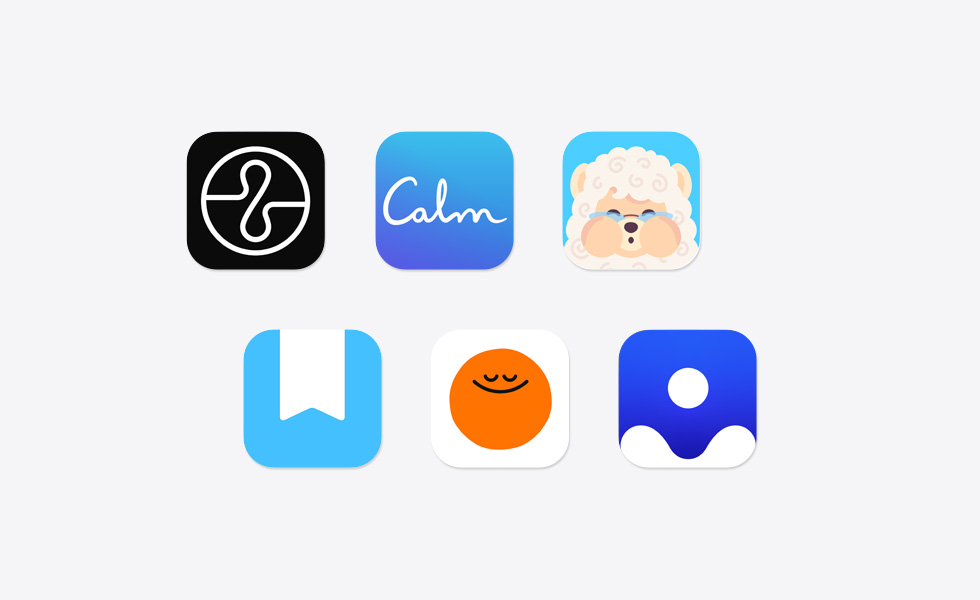 Various app icons in a scattered array, including Endel, Calm, Mindllama, Day One Journal, Headspace, Clearful
